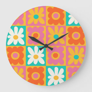 Grande Horloge Ronde Rétro floral à carreaux groovy des années 70 Color