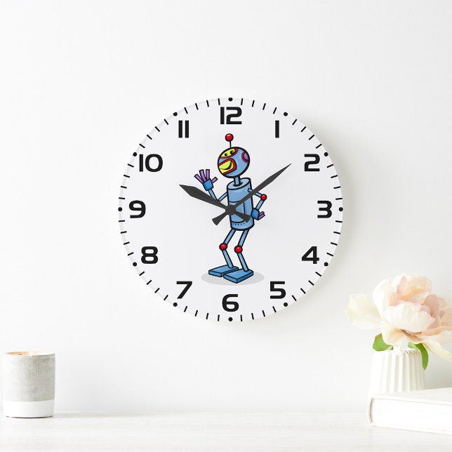 Grande Horloge Ronde Retro Futuristic Robot Character Waving (Créateur téléchargé)