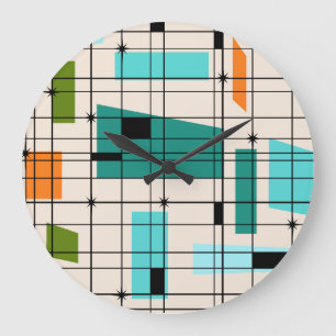 Grande Horloge Ronde Retro Grid & Starbursts Acrylic Wall Clock