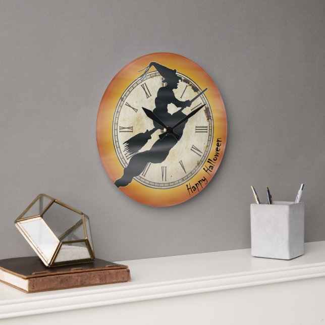 Grande Horloge Ronde Rétro Halloween Witch Broom Silhouette (Bureau)