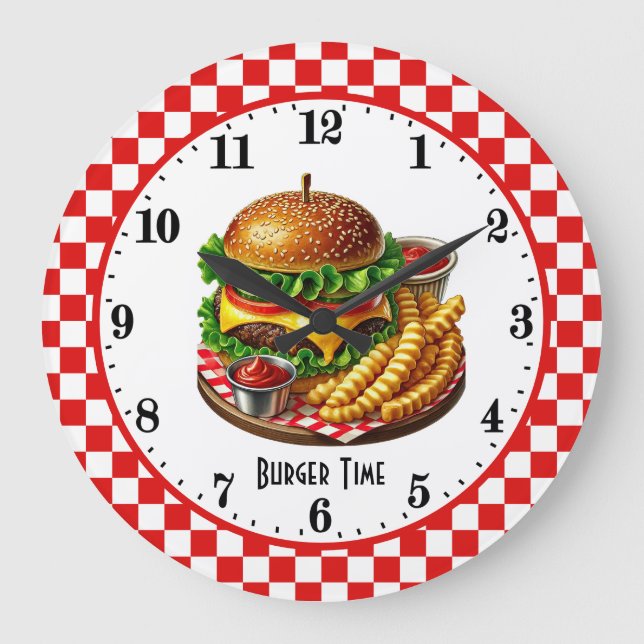 Grande Horloge Ronde Retro hamburger fries 50's diner (Recto)