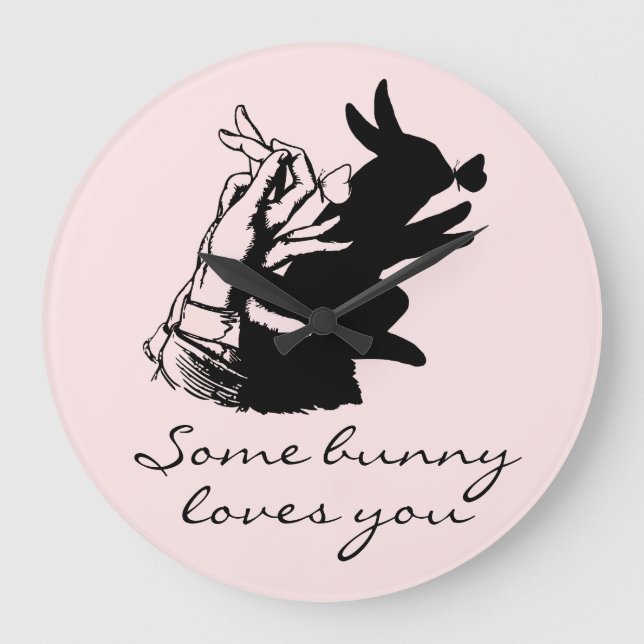 Grande Horloge Ronde Rétro Mignon Lapin Noir Papillon Rose Script (Recto)