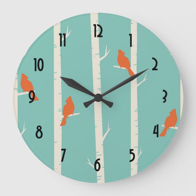 Grande Horloge Ronde Rétro Orange Birds on Birch Trees (Recto)