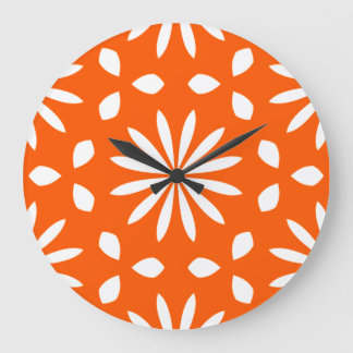 Grande Horloge Ronde Rétro Orange Blanc Floral Géométrique
