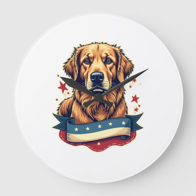 Grande Horloge Ronde Retro Patriotic Golden Retriever Engraving Tee 4 (Recto)