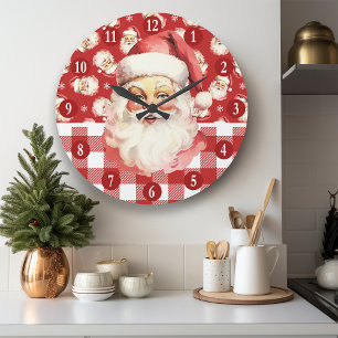 Grande Horloge Ronde Rétro Père Noël Rouge Et Blanc À Carreaux Noël