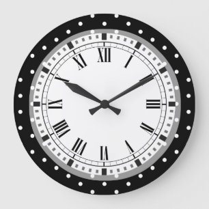 Grande Horloge Ronde Rétro pois noir et blanc élégant