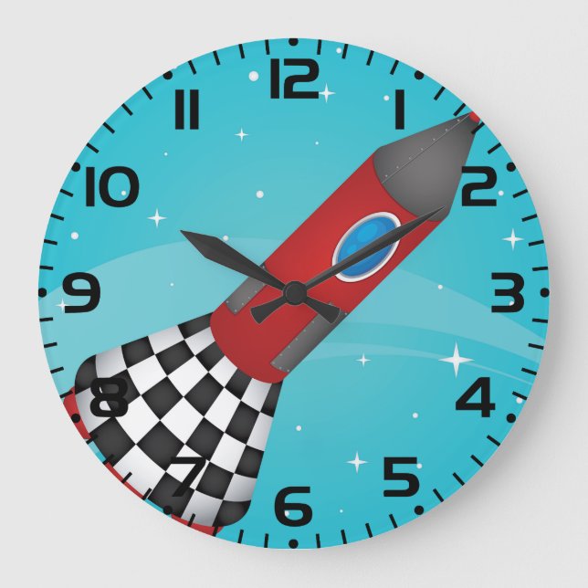 Grande Horloge Ronde Retro Red Rocket Ship in Space Galactic (Recto)