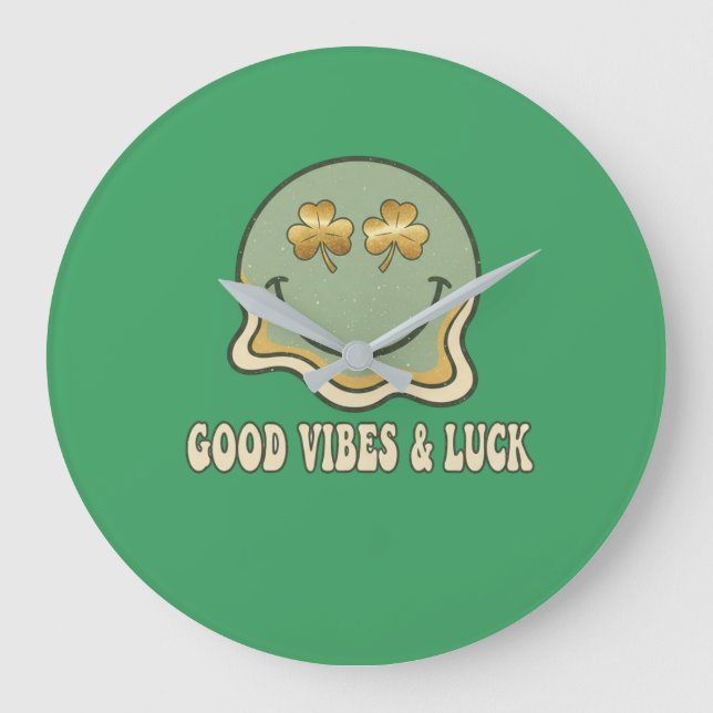 Grande Horloge Ronde Retro St. Patrick's Day Good Vibes & Luck Smiley  (Recto)