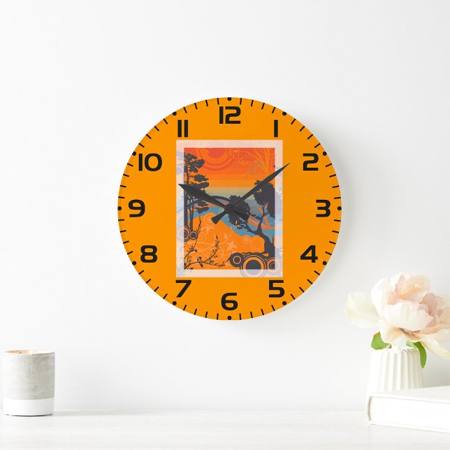 Grande Horloge Ronde Retro Sunset Forest Paysage Abstrait (Créateur téléchargé)