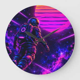 Grande Horloge Ronde Rétro Synthwave Astronaute Cyberpunk Espace Acryli