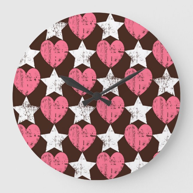 Grande Horloge Ronde Retro Threadbare Hearts Stars Texture (Recto)
