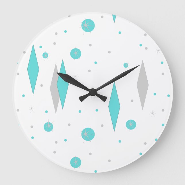 Grande Horloge Ronde Retro Turquoise Diamond et Starburst Wall Clock (Recto)