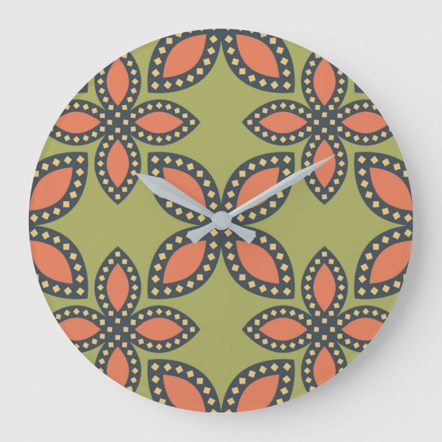 Grande Horloge Ronde Retro Vert et Orange Abstrait motif floral (Recto)
