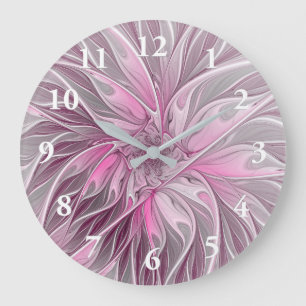 Grande Horloge Ronde Rêve de fleur rose fractale, Motif Imaginaire flor