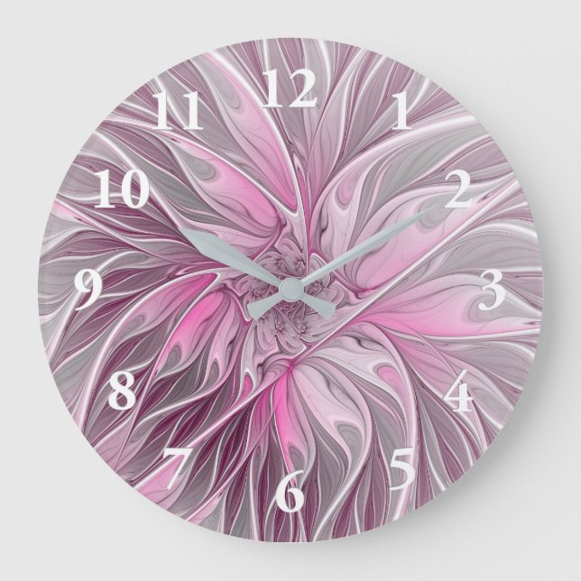 Grande Horloge Ronde Rêve de fleur rose fractale, Motif Imaginaire flor (Recto)