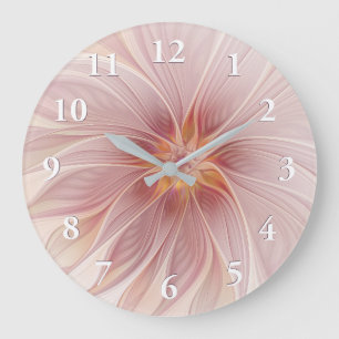 Grande Horloge Ronde Rêve Floral Rose Pâle Abstrait Art Fractal Fleur