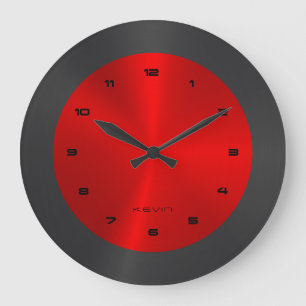 Grande Horloge Ronde Revêtement en acier inoxydable noir & rouge & méta