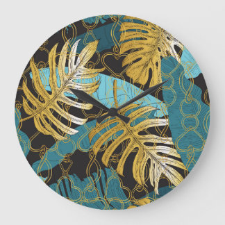 Grande Horloge Ronde Rideau de chaîne d'or, feuilles tropicaux.