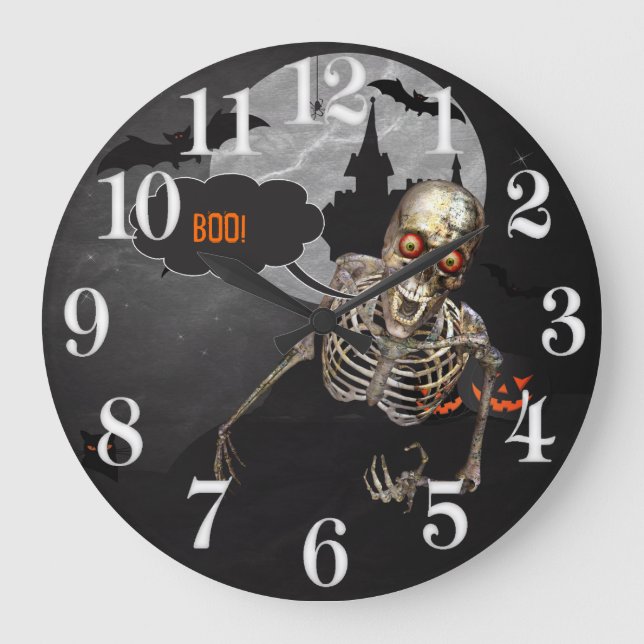 Grande Horloge Ronde Rire Squelette Halloween message personnalisé (Recto)