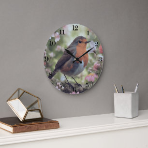 Grande Horloge Ronde Robin Red Breast dans la nature   Arbres Et Fleurs