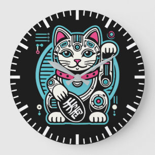 Grande Horloge Ronde Robot Cyberpunk Maneki Neko Chat Lucky, Argent