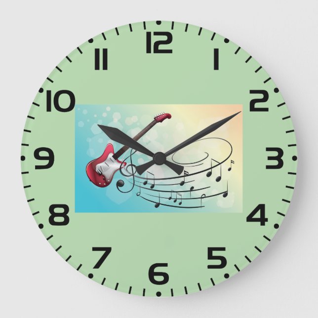 Grande Horloge Ronde Rock and Roll Electric Guitar Swirling Music Notes (Recto)