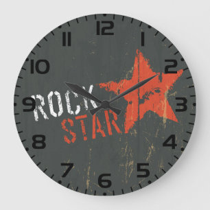 Grande Horloge Ronde Rock Star Étoile Rouge en détresse Grunge