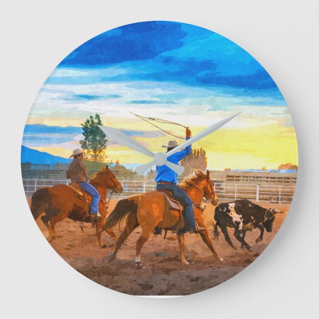 Grande Horloge Ronde Rodeo Team Roping Sunset Corral Rustique Ouest (Recto)