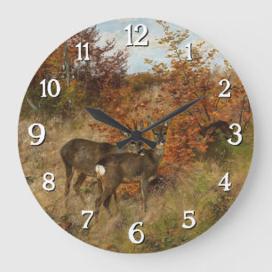 Grande Horloge Ronde Roe Deer aux feuilles d'automne Faune Vintage