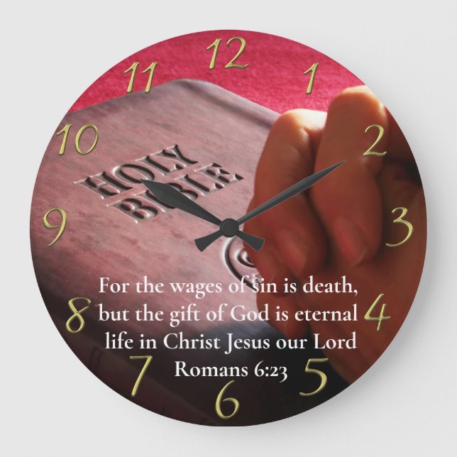 Grande Horloge Ronde Romains 6:23 sainte bible à mains or (Recto)