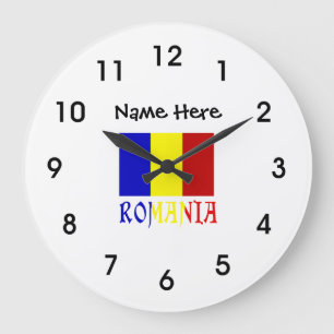 Grande Horloge Ronde Romania and Romanian Flag with Your Name Large Clo