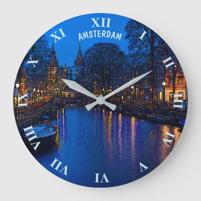 Grande Horloge Ronde Romantic Amsterdam Canal At Night With Boats (Recto)