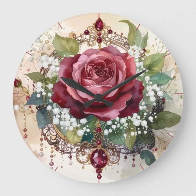 Grande Horloge Ronde Romantic Victorian Elegant Red Rose and Rubies (Recto)