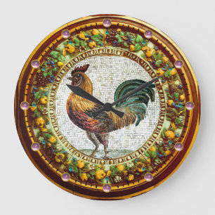 GRANDE HORLOGE RONDE ROOSTER DE MOSAIC, ANCIENNE COURONNE FLORALE AUX F