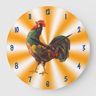 Grande Horloge Ronde Rooster Vintage Art on orange White Kitchen Clock