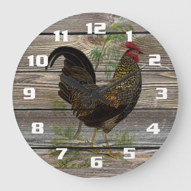 Grande Horloge Ronde Rooster vintage sur de vieilles planches en bois C (Recto)