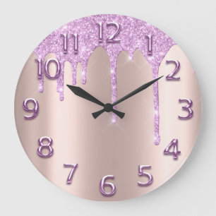 Grande Horloge Ronde Rose Arabic NumberElegant Drips Rose Glitter