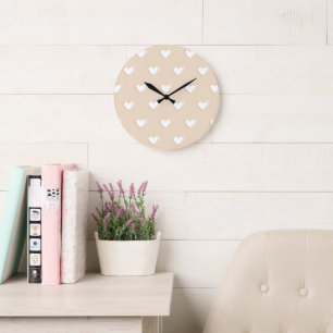 Grande Horloge Ronde Rose blanc Beige mignon Motif de coeur simple