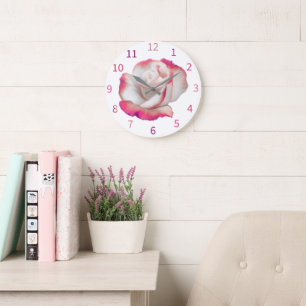 Grande Horloge Ronde Rose blanche et rose - art pastel