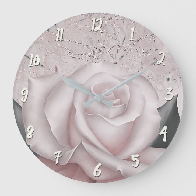 Grande Horloge Ronde Rose Blanche Glamour Moderne Marbre Shabby Chic (Recto)