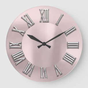 Grande Horloge Ronde Rose Blush Grey Métal Gris Argent Roman Nombre
