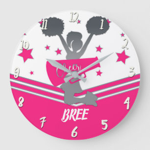 Grande Horloge Ronde Rose Chaud & Étoiles Blanches Filles de Cheerleadi