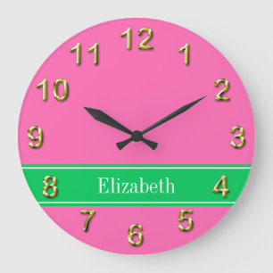 Grande Horloge Ronde Rose Chaud Uni #2 Vert Émeraude Ruban Nom Monogram