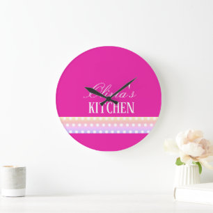 Grande Horloge Ronde Rose Clair et Poka Dots
