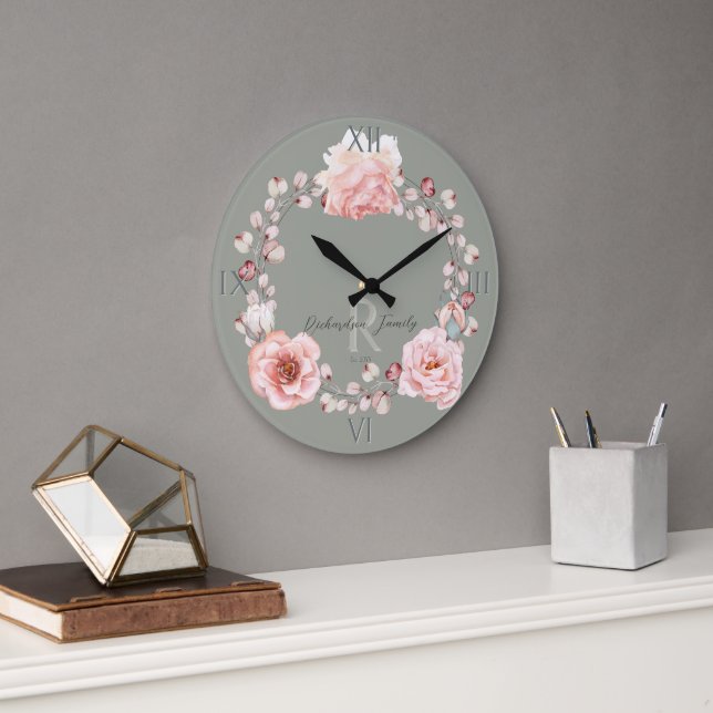 Grande Horloge Ronde Rose d'aquarelle Wreath personnalisée | Vert sage (Bureau)