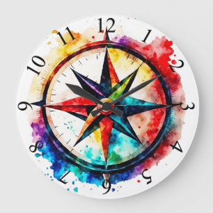 Grande Horloge Ronde Rose de boussole peint