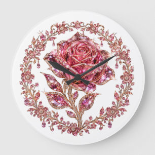 Grande Horloge Ronde Rose en cristal rose diamantée Couronne d'art