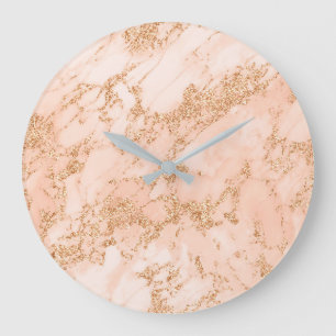 Grande Horloge Ronde Rose en marbre parties scintillant d'or abstrait