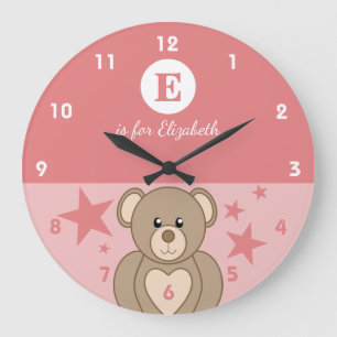 Grande Horloge Ronde Rose et blanc avec un ours en peluche mignon étoil